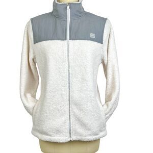 Fila Sport Fuzzy Jacket Full Zip White Gray Faux Fur Fleece Pockets Zipper Large